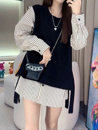 秋款时尚百搭休闲显瘦宽松圆领中长款减龄假两件拼接长袖卫衣#好物推荐🔥 #假两件卫衣#中长款拼接卫衣#今日新款推荐@DOU+上热门 @DOU+小助手