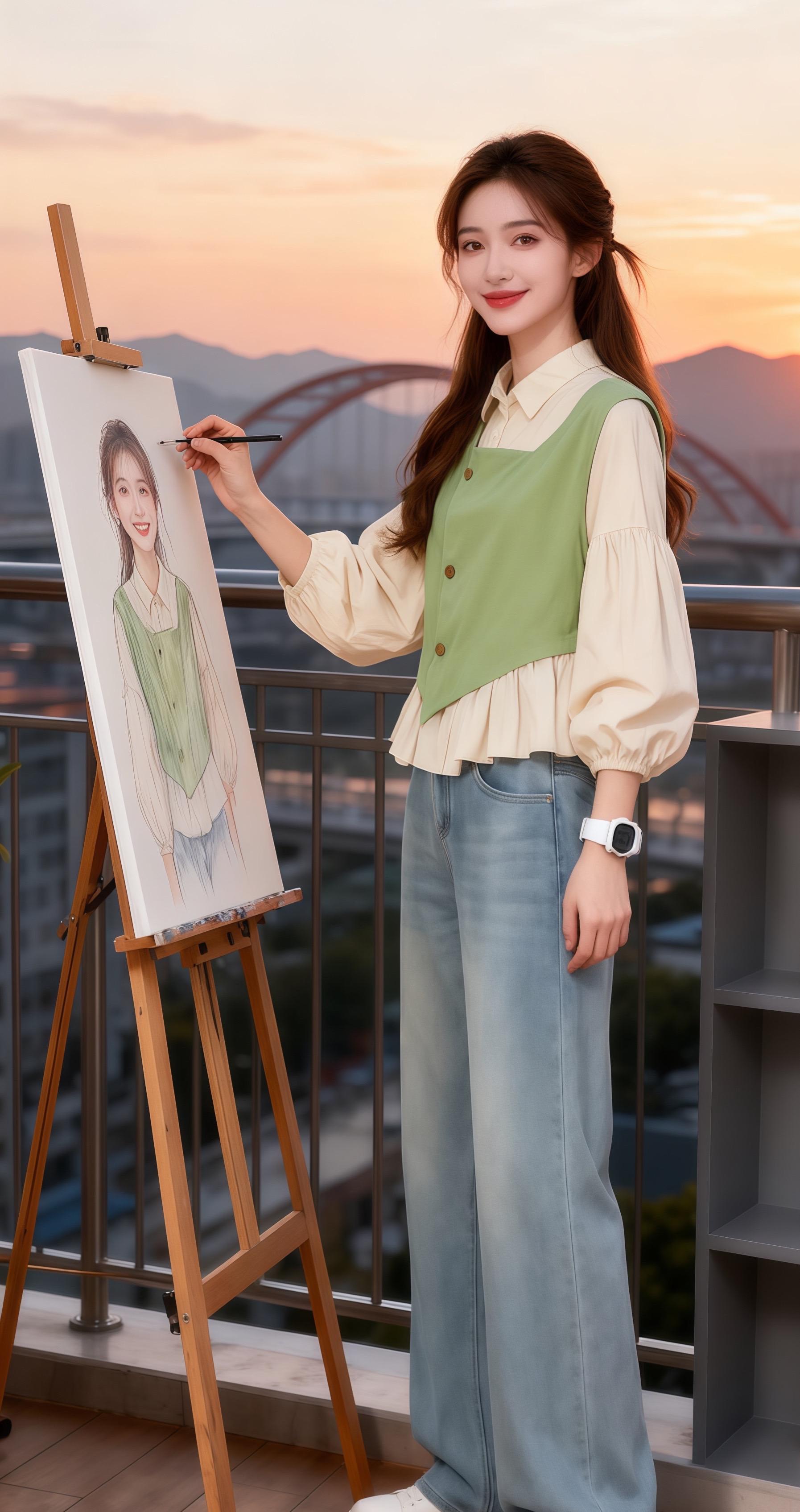 日落阳台的文艺风穿搭~#许妍的衣橱每套都过分美丽 傍晚的阳台被夕阳染成暖橙色,她支起画架,把自己与这抹暮色都画进温柔里。转身拿起相机,想留住城市边缘的晚霞,最后却在晚风里,靠着圆桌把自己变成风景。 她身上的浅杏色灯笼袖衬衫,像揉进了落日的柔光,宽松袖口随动作轻晃;叠穿的豆绿色不规则马甲,三颗木扣衬得灵动俏皮,下摆的弧度恰好勾勒腰线;搭配浅蓝阔腿牛仔裤,垂坠感十足,走路带风又藏住所有局促。整套穿搭把文艺感揉进日常,无论是画画、拍照,还是发呆,都让松弛感自然漫出来。 #减龄显瘦穿搭 #法式衬衫 #大大方方通勤穿搭 #轻松摆脱路人感的韩系穿搭