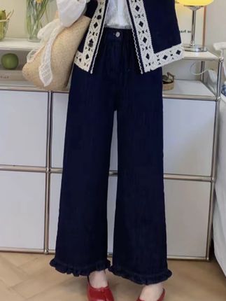 早秋显瘦防掉色弹力腰小个子九分直筒裤蕾丝牛仔#高级感穿搭 #牛仔裤 #懒人必备 #休闲舒适 #显瘦遮肉