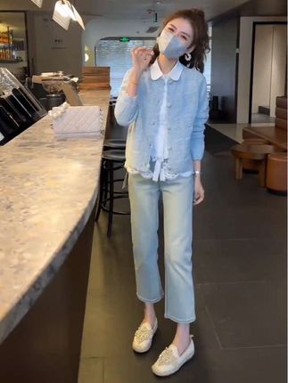 早春一整套女装2025新款韩版温柔毛衣蕾丝百搭开衫直筒长裤三件套