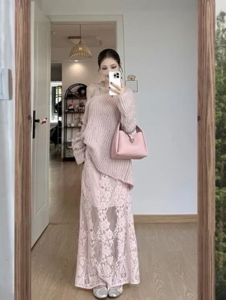 粉色慵懒软糯麻花露肩毛衣蕾丝半身裙设计感显瘦纱裙三件套 #高级感穿搭 #今日穿搭 #每日推荐 #温柔风穿搭 #爱了爱了
