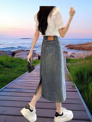 早秋夏季春季牛仔半身中小个子中长款显瘦后开叉牛仔裙牛仔半身裙