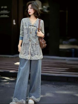 #韩系蕾丝拼接牛仔套装 #高级感穿搭 #时尚感穿搭 #女装时尚穿搭