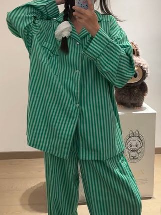 这套睡衣太好看了吧!绿色条纹好清新#睡衣 #睡衣家居服 #睡衣控 #舒适家居服 #宅家睡衣秀
