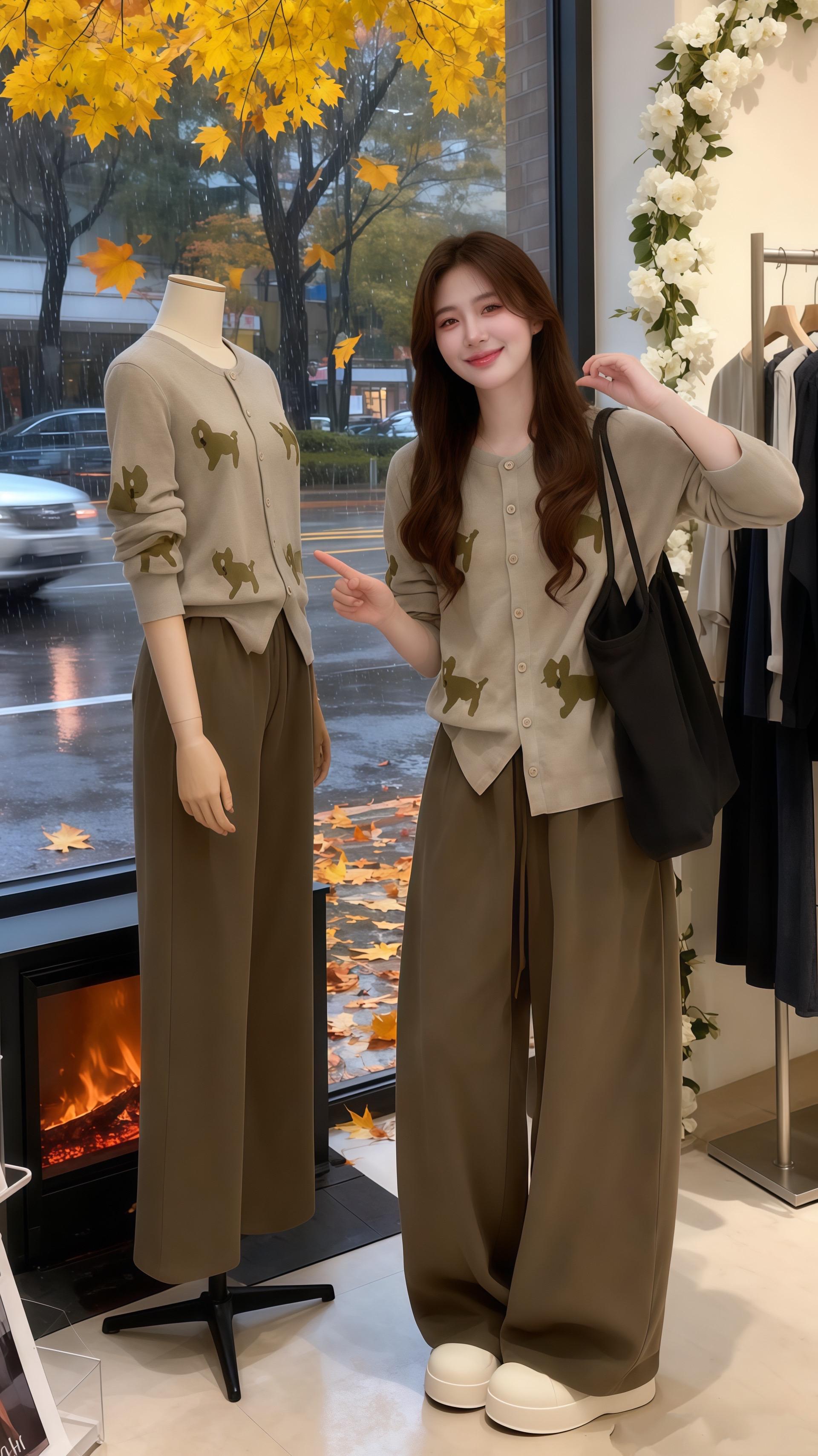 《秋日穿搭店的“撞衫”奇遇》 雨天的落叶把街道染成焦糖色,她在服装店对着模特比了个“同款”手势。 忽然身后传来笑声:“原来不止我觉得这套小狗开衫和阔腿裤绝配。” 她回头,撞进一双带笑的眼。对方指尖轻点自己身上同款穿搭,“你看,我们算不算秋日穿搭‘灵魂搭子’?” 壁炉火光暖了空气,店外雨丝成了背景。她拎着黑包笑弯眼:“那……要不要组队解锁更多秋日氛围感look?” 当穿搭默契遇上恰到好处的缘分,这个雨天的服装店,成了故事的始发站~#早秋姐感气质穿搭#秋冬都市硬核穿搭#轻松摆脱路人感的韩系穿搭#显瘦显高显气质#梨形身材秋天怎么穿