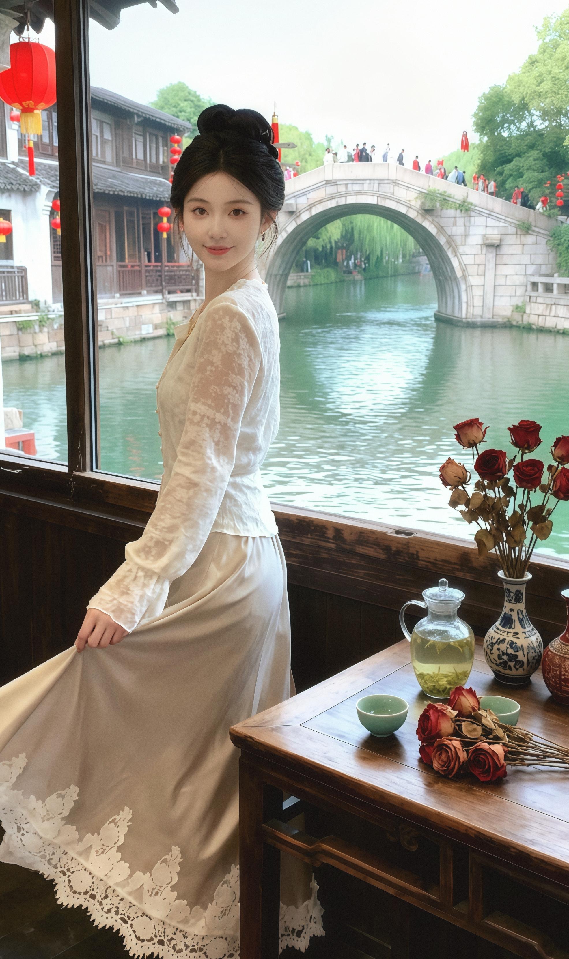 新中式。#东方美学 #古典美 #国风古韵 #中式服装 #国风新时尚 窗畔的旧时光 林夏推开咖啡馆木门时,午后阳光正斜斜落在靠窗的木桌上。桌上那瓶风干的玫瑰还凝着去年的香,旁边青瓷酒瓶里,似乎还漾着闺蜜醉后的笑闹。 她习惯性坐下,指尖抚过桌面细痕——那是上次聊到深夜,不小心磕到酒杯留下的。窗外,江南的红灯笼在风中轻晃,拱桥下的乌篷船悠悠驶过,和记忆里一模一样。 忽然,手机亮起闺蜜的消息:“新开的国风咖啡馆,下周一起?”林夏笑着回复,抬眼望向窗外。阳光穿过雕花窗棂,在她发间洒下碎金,桌上的旧物与窗外的新景,在这一刻温柔重叠,成了时光里最美的注脚。