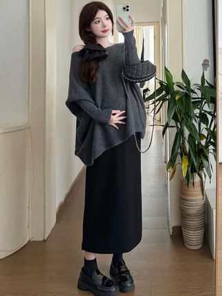 孕妇装秋冬新款套装慵懒风一字肩毛衣托腹半身裙两件套洋气时髦秋#孕期穿搭 #孕妈穿搭 #孕妇装 #孕妇穿搭 #孕期