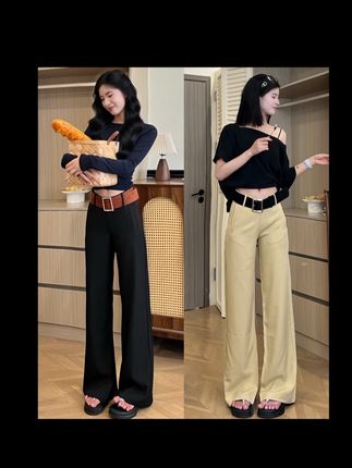 黑色中腰2025休闲女春夏卡其长裤宽松阔腿裤拖地垂感西装裤灰#高级感穿搭 #显高显瘦穿搭 #宽松阔腿裤 #显瘦裤子
