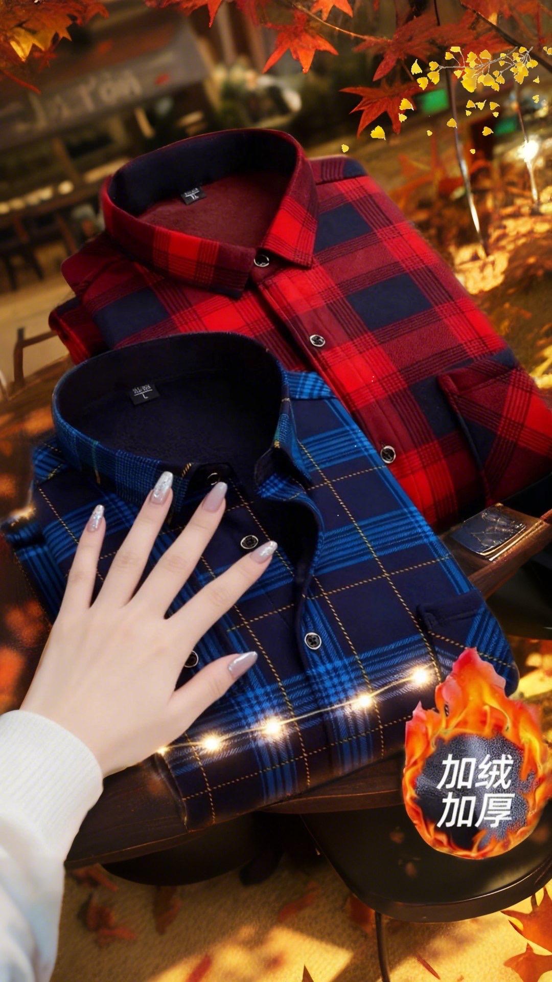 男士秋冬加绒格子衬衫。#男士衬衫 #春秋穿搭 #商务休闲 #格子衬衫 #高端大气