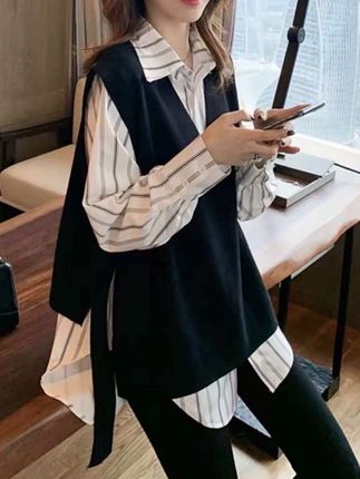 大码女装遮肚子长袖条纹衬衣女春秋季胖mm宽松显瘦衬衫马甲两件套#好物推荐🔥 #两件套 #好穿又好搭 #谁穿谁好看 #爆款热卖中
