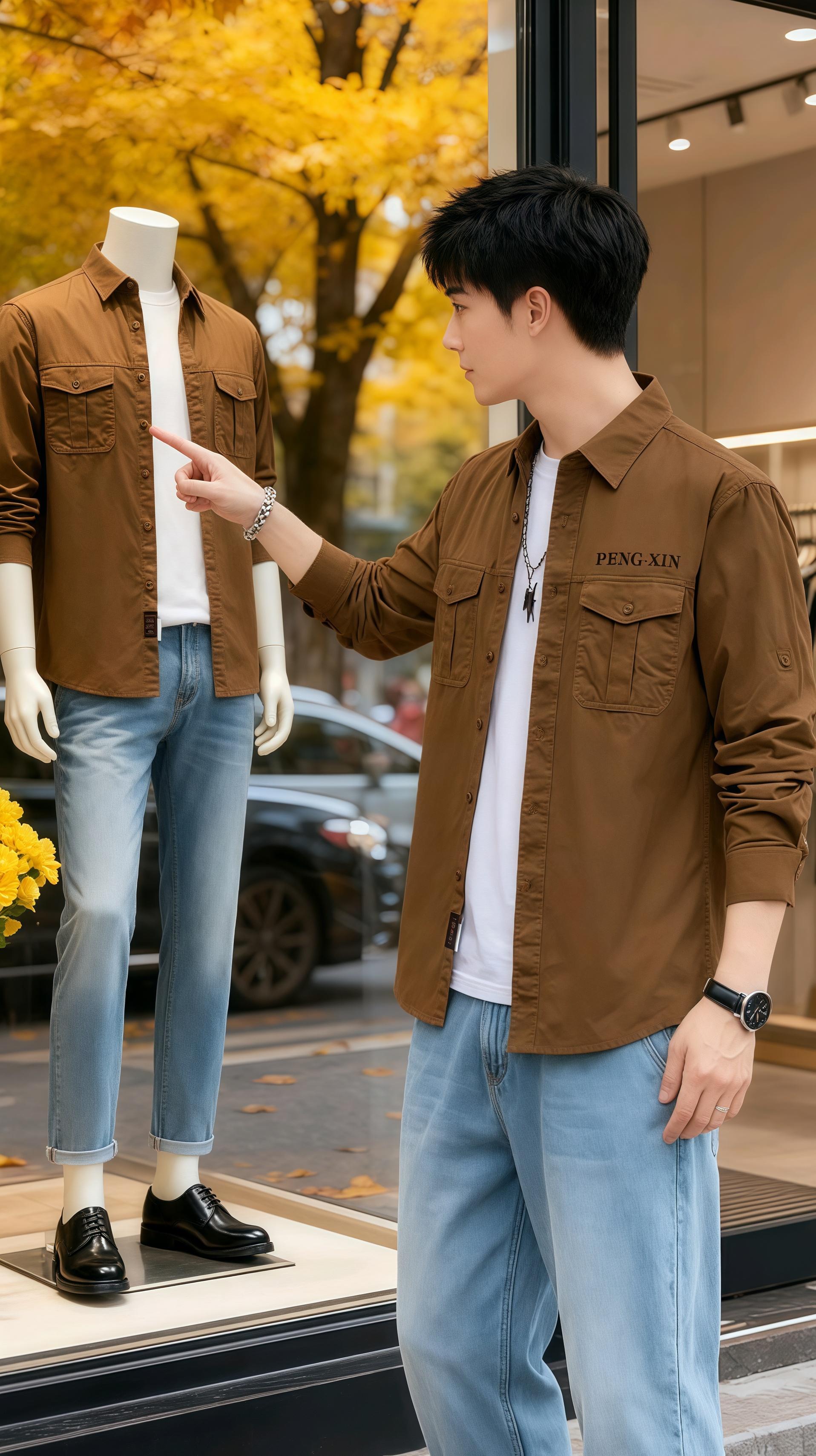 #图文伙伴计划 秋日午后,巷口的服装店浸在银杏的金辉里。阿深指尖掠过货架上那件卡其色衬衫,领口“PENG-XIN”的绣字针脚利落,像他刚写好的乐谱尾音。 试衣镜里,衬衫松垮地裹着白T恤,黑裤脚挽出一截脚踝。他偏头指了指模特身上的同色系款,导购笑着递来牛仔裤。转身时,窗外石桥下的河水晃着红灯笼的影,和衬衫的棕叠成暖调。 傍晚他坐在店中央的钢琴前,琴键落处,音符混着落叶的沙沙声漫开。书架上的黑胶唱片转着,衬得衬衫口袋里露出的项链坠子,亮得像秋阳碎在水面的光。#品质男装 #外套穿搭 #外套