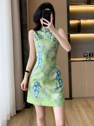 夏季新中式提花绝美改良旗袍裙小个子国风复古气质盘扣背心连衣裙#夏季穿搭 #时尚洋气#美出高級感