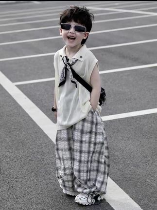 【老钱风】带领巾男童套装夏季新款儿童冰丝翻领无袖背心两件套#高品质童装 #夏季穿搭 #潮童穿搭