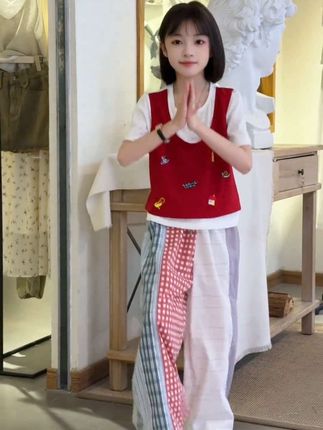 #女童穿搭 #女童套装 网红爆款日韩系拼色格子裤洋气假两件T恤多巴胺撞色格子裤套装