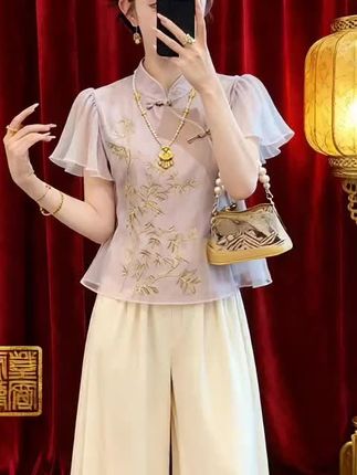 千金风法式新中式刺绣套装女夏季仙气小飞袖百搭气质阔腿裤两件套#好物推荐#好物分享#热门#正品#爆款