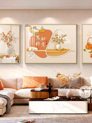 时尚百搭柿柿如意客厅装饰画新中式福字沙发背景墙挂画创:/ 意葫芦三联壁画#背景墙画 #挂画 #装饰画 #客厅装饰画 #热门