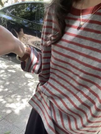 秋季新款复古双色条纹T恤打底衫女韩版休闲宽松百搭上衣#宽松休闲条纹T恤#条纹T恤#休闲T恤#休闲上衣#休闲打底衫