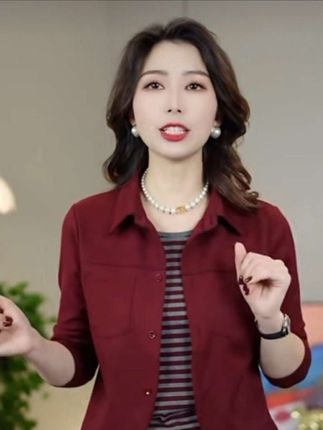 秋季新款时尚翻领假两件洋气妈妈装修身显瘦休闲长袖上衣K2589#春秋穿搭 #百搭上衣 #上衣穿搭 #面料舒适透气 #休闲穿搭
