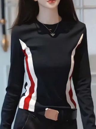 早秋新款高弹力长袖T恤女修身显瘦撞色拼接休闲上衣#洋气小衫 #显瘦遮肉 #休闲百搭