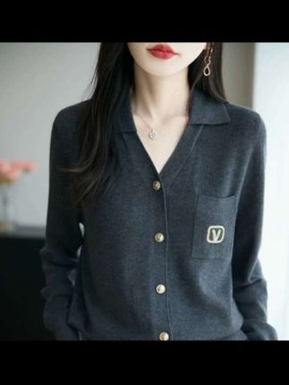 盐系翻领针织开衫女精致刺绣软糯精纺长袖秋冬百搭POLO领毛衣外套#多色可选#减龄#翻领针织开衫#精纺长袖#polo