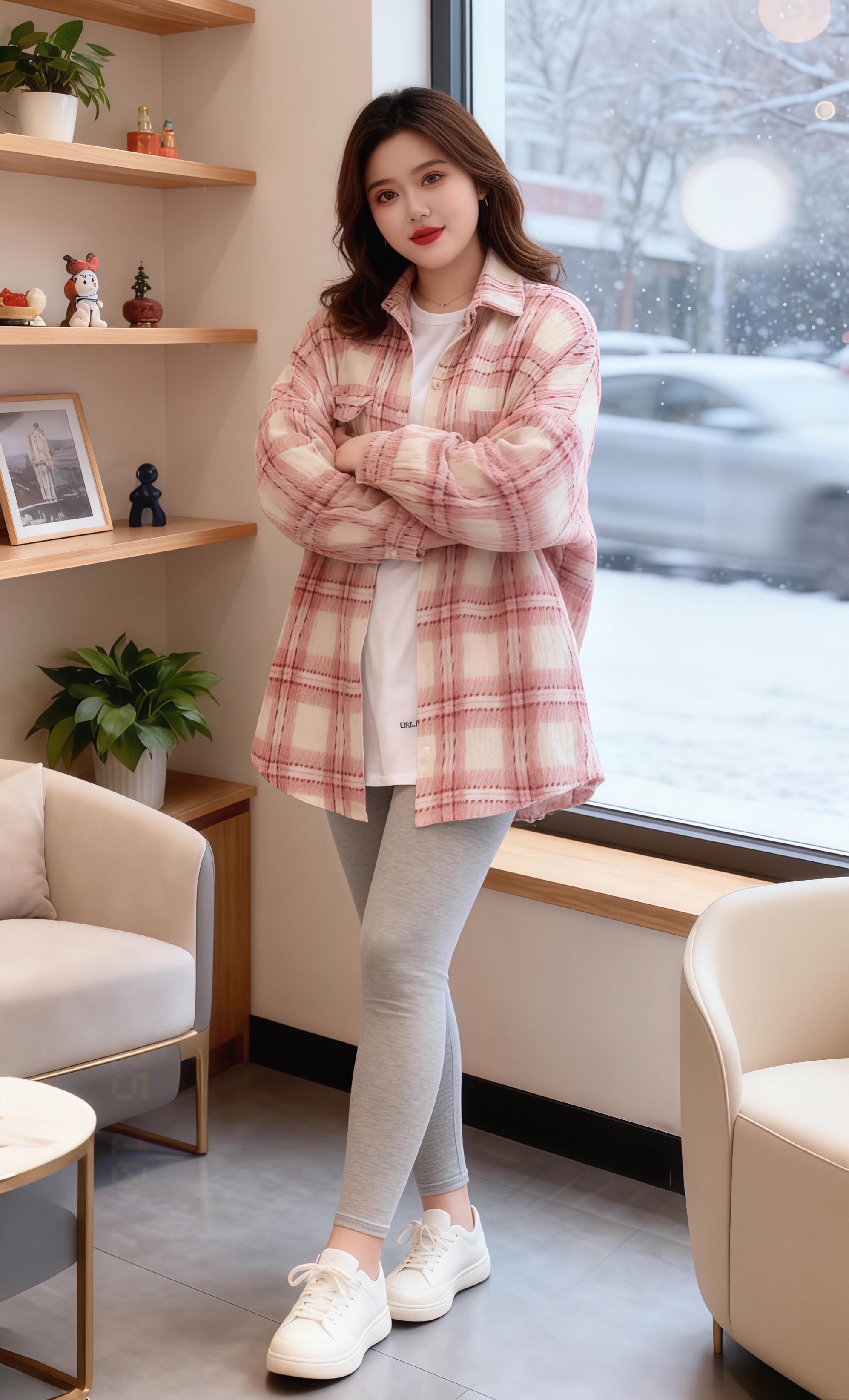 许妍抱着手臂站在窗边,粉白格纹外套软乎乎的,灰 leggings 随着她的动作轻晃。窗外雪花簌簌,街对面的树顶积了层薄白。 她想起早上他发来的消息:“等雪停,带你去吃街角那家糖烤栗子。”指尖刚碰着外套的布料,就听见门锁转动的声音——他推门进来,外套上沾着雪粒,手里提着的纸袋还冒着热气,粉白与暖棕的色调,一下就融在满室温柔的静夜里。#不挑年龄不挑身材 #大码女装#谁穿谁好看#美出高级感#抖加🔥上热门🔥DOU➕小助手
