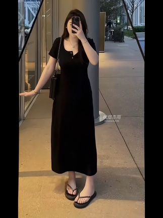 法式大码掐腰小黑裙长款短袖a字裙圆领高腰款夏季#遮肉显瘦遮肉减龄 #强烈推荐 #视频同款