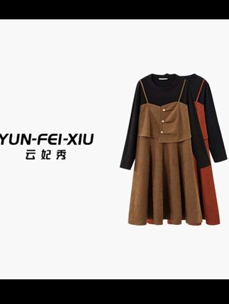 云妃秀大码女装连衣裙圆领宽松显瘦遮肉胖妹妹假两件秋季33373#气质女神 #假两件连衣裙 #胖瘦都能穿 #胖妹妹穿搭 #气质穿搭