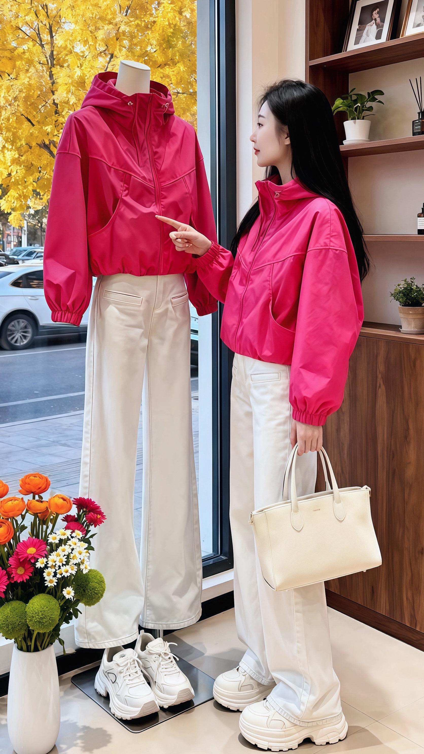 《秋日咖啡馆的时尚小确幸,她靠这件冲锋衣美成“活力女主”》  金黄落叶铺满街道的午后,琪琪在咖啡馆里逗着小白猫,身上的玫红色短款冲锋衣格外吸睛。利落的短款版型把小个子的比例衬得刚刚好,面料挺括又有质感,搭配阔腿裤和小白鞋,往落地窗前一站,窗外的秋景都成了她的时尚布景。  来探店的闺蜜一眼就被种草——这冲锋衣也洋气了!短款设计对小个子友好,玫红色调活力又显白,不管是日常逛街还是户外轻运动,套上就像自带“元气滤镜”。惊艳的是它的百搭性,配裙装甜酷,搭裤装休闲,春秋季单穿完全hold住。  这个春秋,别再让穿搭局限风格,这件冲锋衣让你在活力与时尚间自由切换,轻松穿出小个子的洋气天花板~  #许妍的衣橱每套都过分美丽 #春秋冲锋衣 #小个子时尚 #新款爆款外套 #洋气夹克穿搭
