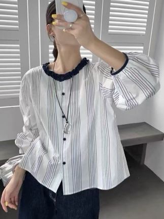 法式高级感木耳边撞色条纹衬衫女宽松显瘦长袖上衣潮秋季新款#洋气小衫 #衬衣穿搭 #衬衫穿搭 #上衣推荐 #春秋新款