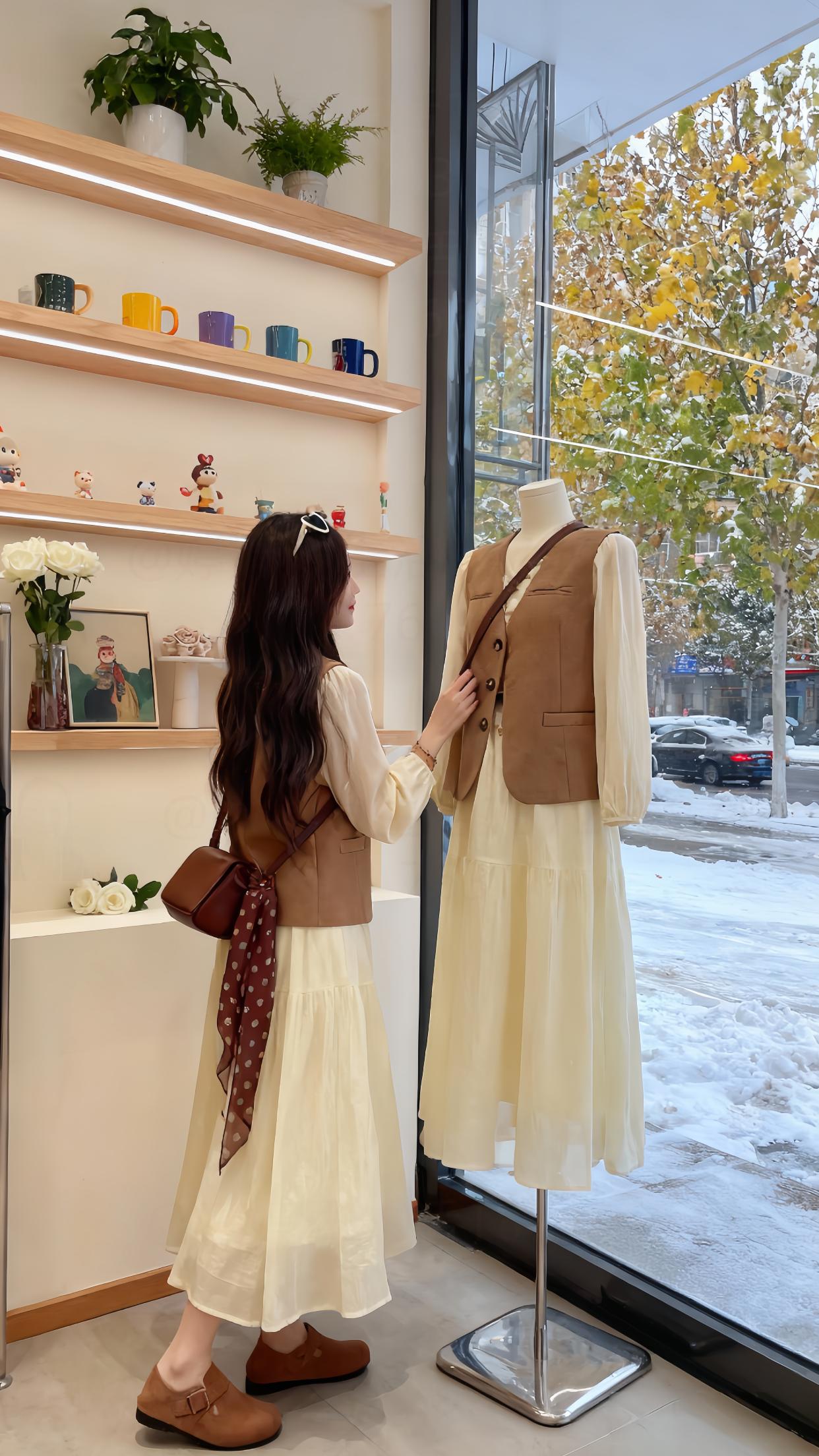 雪天小店:女孩的文艺穿搭与创作时光。冬日雪落,一家充满文艺气息的小店里,模特(女孩)开启了悠然的一天。她身着米白色长袖连衣裙,外搭卡其色马甲,棕色挎包系着波点丝巾,脚踩同色系搭扣单鞋,头上还架着一副白色墨镜,穿搭风格文艺又温婉。   她先是在店内对着同款穿搭的人体模型,仔细查看服饰细节。接着,她来到画架前,拿起画笔,专注地描绘着自己的穿搭形象,神情认真且投入。画罢,她坐在窗边的吧台凳上,与一只白色猫咪相对而望,窗外雪景静谧,店内暖意融融,她在这一方小天地里,享受着穿搭、绘画与撸猫的多重美好,时光在此刻显得格外温柔惬意。 #温柔风穿搭  #2025年秋季都流行穿什么 #轻松拿捏慵懒风穿搭 #素颜穿搭如何摆脱十气威 #犁梨形身材穿搭大常