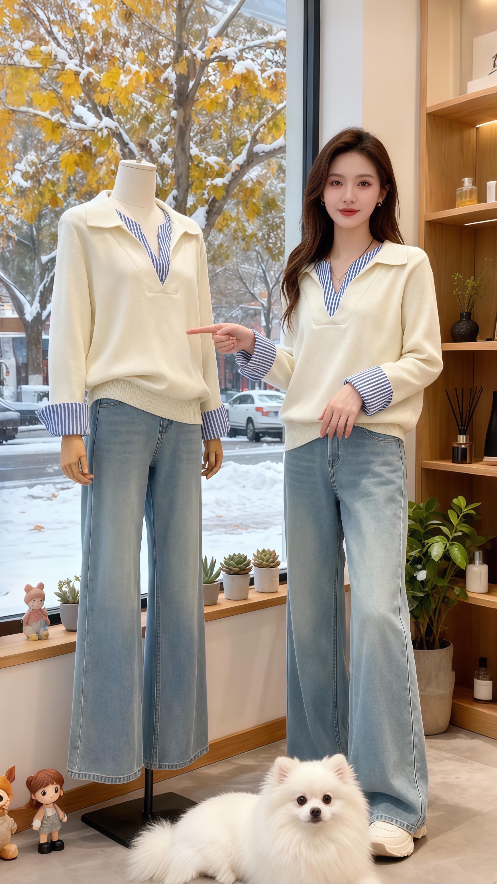 《在雪天画室里画出自信模样》雪落无声,林夏的画室里却热闹得很。她握着画笔,在画布上描摹自己身上这件衬衫领针织衫——蓝白条纹衬得肤色透亮,翻领设计又悄悄藏起了拜拜肉,大码版型把所有不自信都裹成了松弛感。 “就该让每个胖MM都知道它的好!”她转身指向人体模特身上的同款,浅米色在木质置物架的小玩偶和多肉旁,温柔得像冬日暖阳。脚边的博美犬“奶糕”摇着尾巴,蓬松的白毛和针织衫的柔软纹理相映成趣。 窗外的积雪压弯了树枝,室内香薰悠悠散开。林夏知道,这件针织衫是专为大码女孩定制的“显瘦魔法”,韩系设计感减龄又时髦。#韩系穿搭 #温柔穿搭 #优雅气质 #晒晒我的秋日穿搭 #肉肉女孩的秋冬通勤穿搭