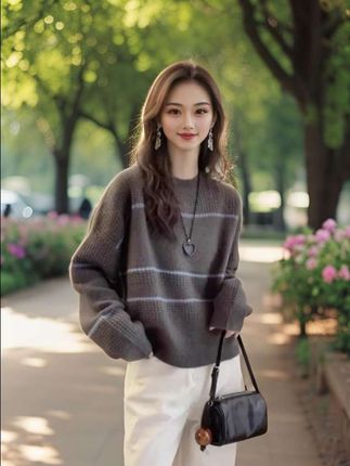 大码慵懒风撞色条纹针织衫女2025秋季新款胖妹妹圆领显瘦遮肉毛衣#减龄显瘦穿搭 #穿搭分享时尚 #时尚风格 #气质女神穿搭 #时尚潮流