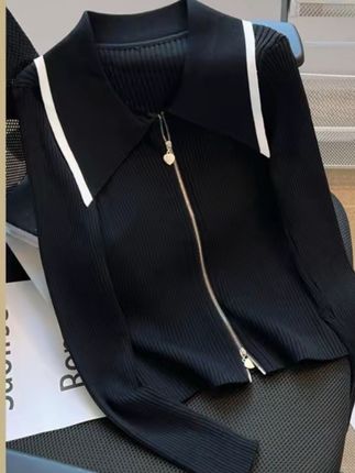 小香风法式Polo领双拉链针织开衫女外套秋冬修身显瘦上衣女T651#小香风#外套#针织开衫#显瘦上衣#小香风外套 ,