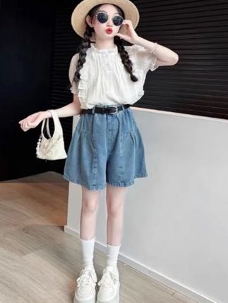 【现货】女童夏装套装25新款韩系洋气娃娃衫短袖上衣女孩牛仔裙裤子#抖音小热点 #谁穿谁可爱 #高品质童装 #甜美穿搭 #生女儿就是用来打扮的