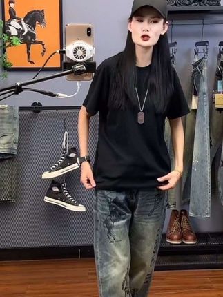 秋季潮款印花复古水洗牛仔裤男宽松锥形长裤高街痞帅炸街5101