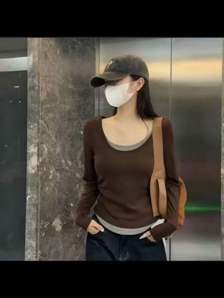 2025秋冬韩版气质撞色假两件修身显瘦洋气百搭简约款打底衫9092#假两件长袖 #打底衫 #韩版穿搭 #长袖打底衫 #撞色假两件