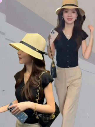 套装女时尚气质V领短袖冰丝针织衫上衣小个子休闲九分裤两件套潮#夏季新款 #时尚气质穿搭 #减龄显瘦穿搭 #小个子显高显瘦穿搭 #时尚套装