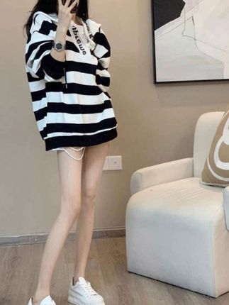 美式条纹慵懒风连帽卫衣秋装女款爆款2025今年流行的外套韩系早秋