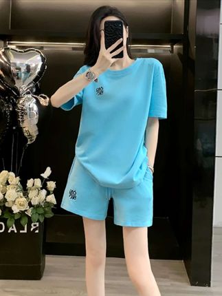 夏季新款韩版湖蓝色时尚休闲运动套装t恤短裤宽松显瘦减龄,洋气减龄,时尚休闲