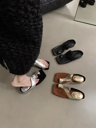 套趾低跟一字拖鞋女2025年夏新款时尚银色韩版外穿气质女士凉拖鞋