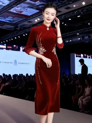 #秋冬高贵轻奢立体钉珠晚礼服#喜婆婆婚礼旗袍#大码修身妈妈新中式直筒旗袍#敬酒服#让人眼前一亮的婚庆穿搭