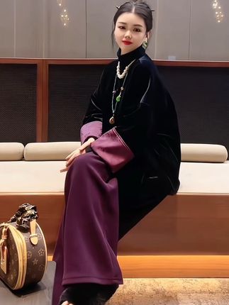 时尚复古套装女2025秋冬新款高级感新中式国风长袖外套裤子两件套#高级感穿搭 #优雅气质 #新款 #套装显瘦穿搭 #气质范