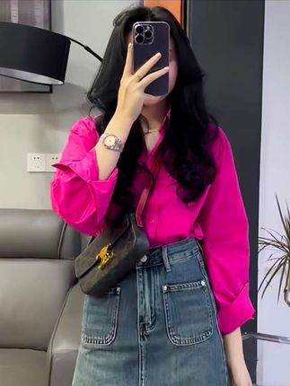 网红时尚衬衫,女款外穿高级感火龙果色气质长袖纯棉衬衣设计感上衣。#时髦穿搭 #小个子穿搭 #气质穿搭 #酷女孩穿搭 #高级感穿搭