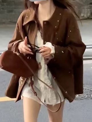 设计感韩版宽松复古棕色时尚减龄百搭上衣#女装 #穿出高级感 #休闲穿搭 #每日穿搭女装 #每日穿搭每日