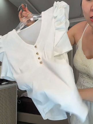 网红爆款v领不规则褶皱短袖T恤夏季新款微胖mm洋气独特别致上衣服#太喜欢了 #爱了爱了 #有喜欢的吗 #看过来