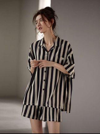 莫代尔短袖短裤女士家居服薄款凉感条纹套装#莫代尔睡衣#短袖短裤睡衣#女士家居服#条纹睡衣