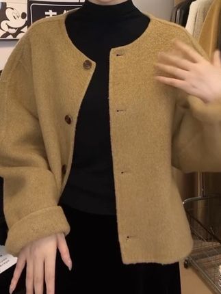 毛呢外套小香风秋冬圆领宽松大衣双面短款女装西装
