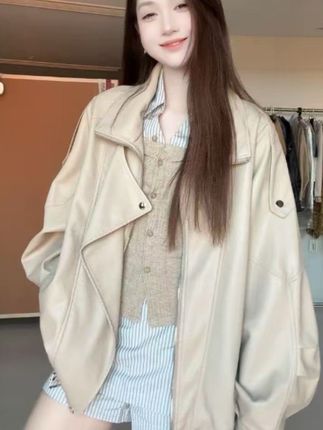 翻领皮衣宽松型2025秋季衬衫袖百搭常规款7718#今日穿搭 #休闲穿搭 #时尚休闲女装 #穿搭搭配 #欧韩穿搭
