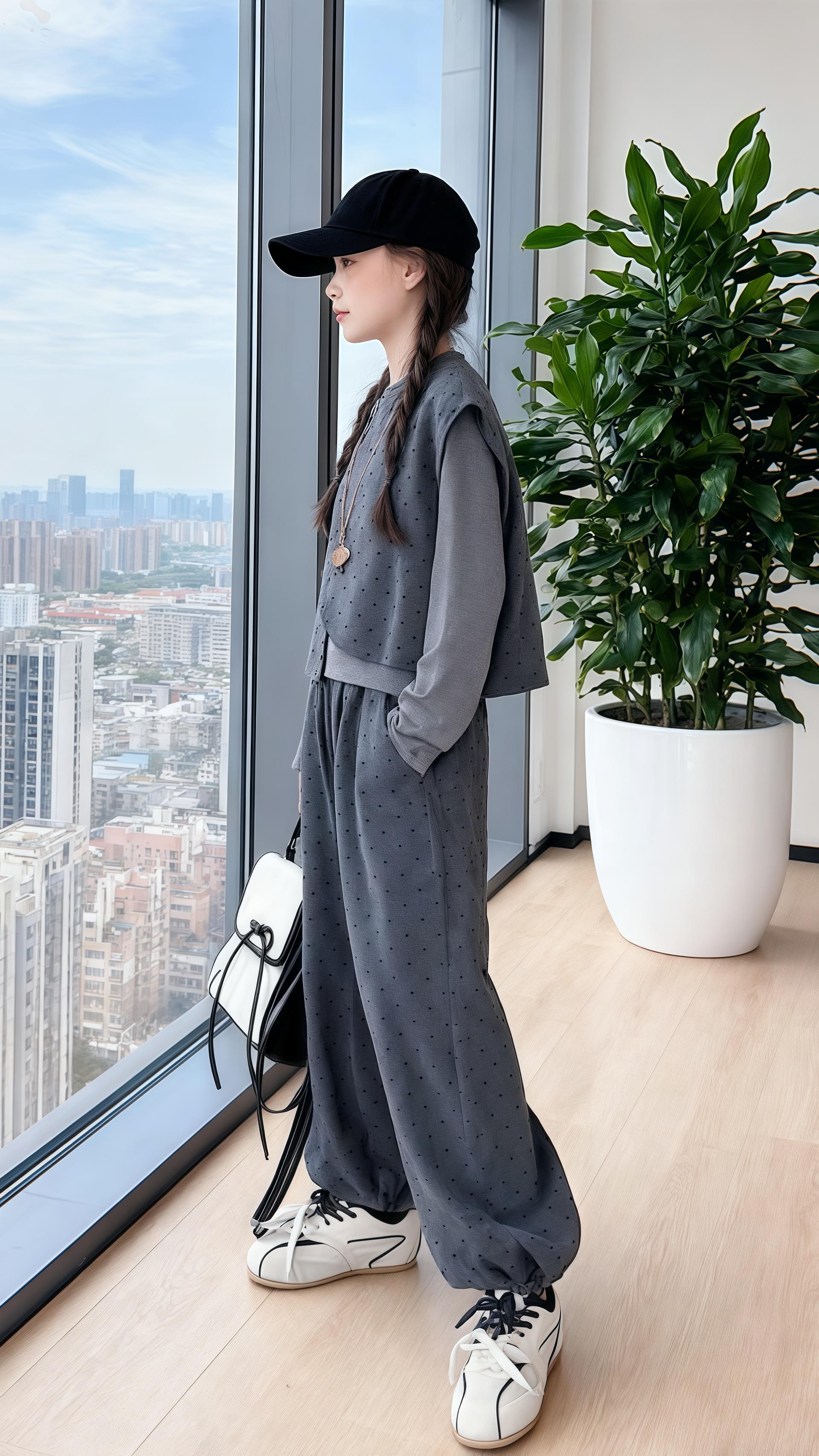 挖到宝了!这套女童春秋三件套也太懂妈妈心了吧! 波点马甲巨显元气,软乎乎的面料贴身穿也舒服,搭配同系列打底衫刚好,领口做了包边不磨脖子。最爱的是灯笼裤,裤脚微收不拖沓,跑跳都自在,还能藏住小粗腿~ 整套配色温柔又洋气,上学穿老师夸,周末出游拍照也超出片。大童尺码很足,120-150码都有,身高140的娃穿150码还能留点空间明年穿。 细节也到位,纽扣是可爱的小圆形,不会硌到孩子,打底衫弹力大,穿脱方便。一套搞定穿搭,再也不用早起想搭配,妈妈们直接冲就对了!#秋季搭配 #女童时尚穿搭 #面料柔软舒适 #高品质童装