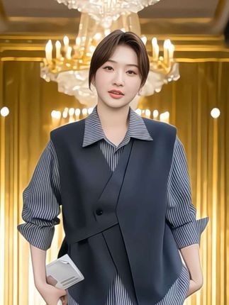 设计感不规则马甲条纹衬衫长裤三件套#高级感穿搭 #气质穿搭 #通勤搭配 #气质套装 #气质套装穿搭